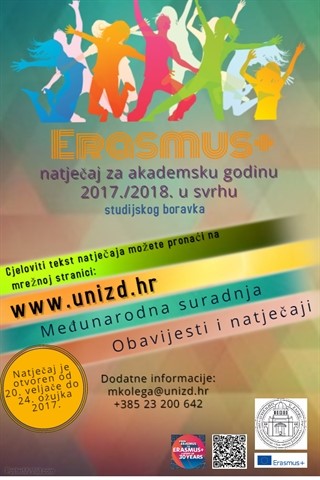 Erasmus+ Natječaj za studentsku mobilnost u svrhu studijskog boravka za ak. god.  2017.-2018.
